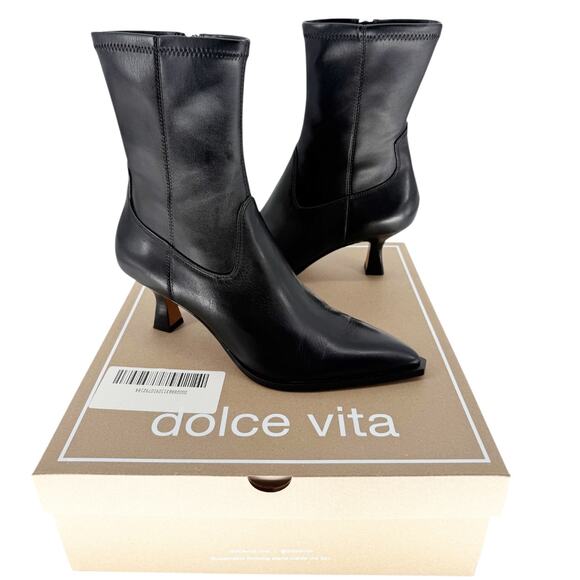 Dolce Vita Arya Ankle Heeled Boots Black Leather Size 10 Pointed Toe Kitten Heel - Picture 1 of 14